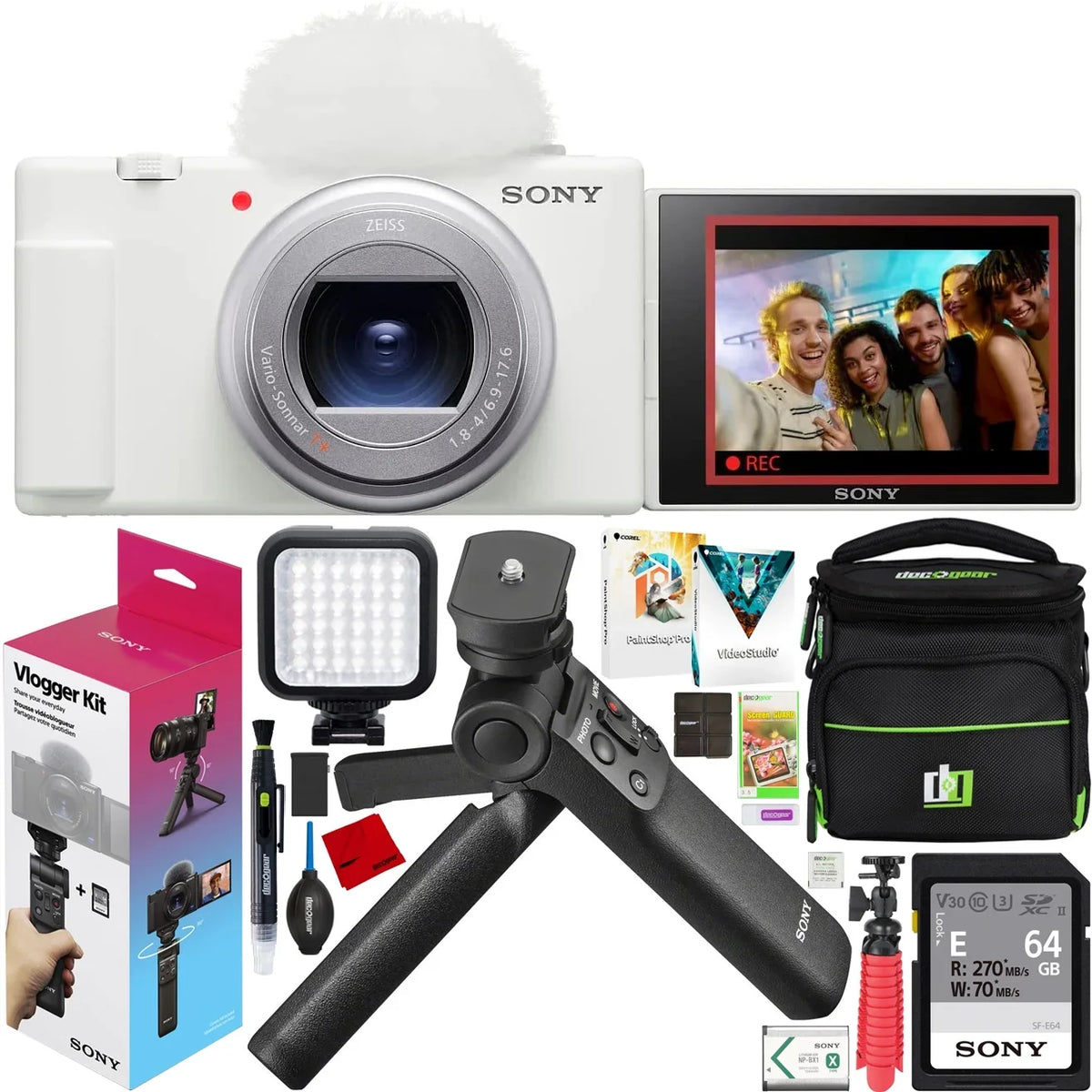 Gear White Kit + Deco Vlog for II & Camera + ZV-1 GP-VPT2BT with including Accessories Case +64GB LED ACCVC1 Content ZV-1M2/W Tripod/Grip 4K & with 20.1MP and Bundle Vloggers Video Creators Card