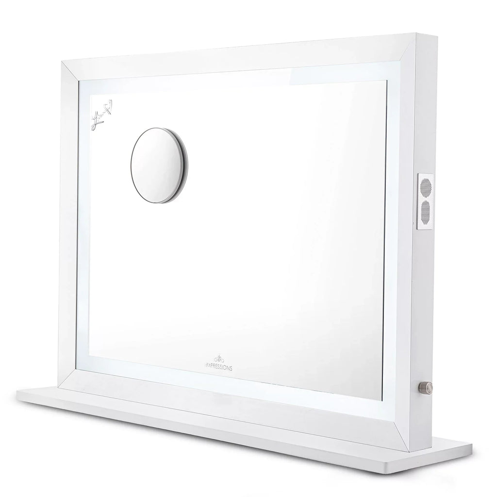 Dimmer Liane and Magnified V. Frame Speakers Vanity Makeup with Metal Desk Mirror with Mirror 3X for Pro Impressions Wall Mirror and Tabletop or Outer Lighted Switch, (White) Mount