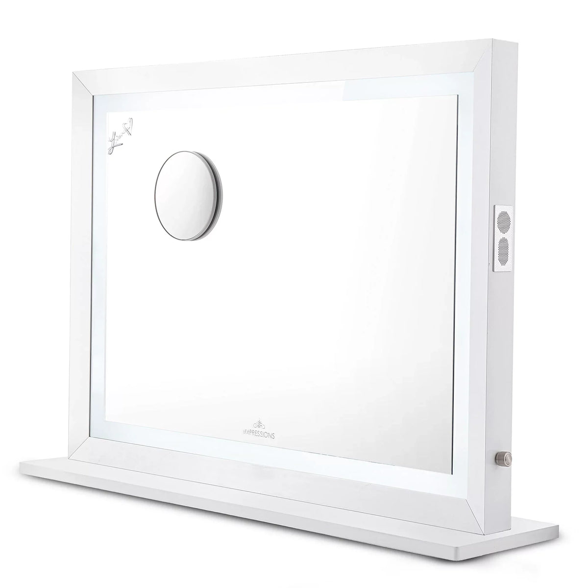 Dimmer Liane and Magnified V. Frame Speakers Vanity Makeup with Metal Desk Mirror with Mirror 3X for Pro Impressions Wall Mirror and Tabletop or Outer Lighted Switch, (White) Mount