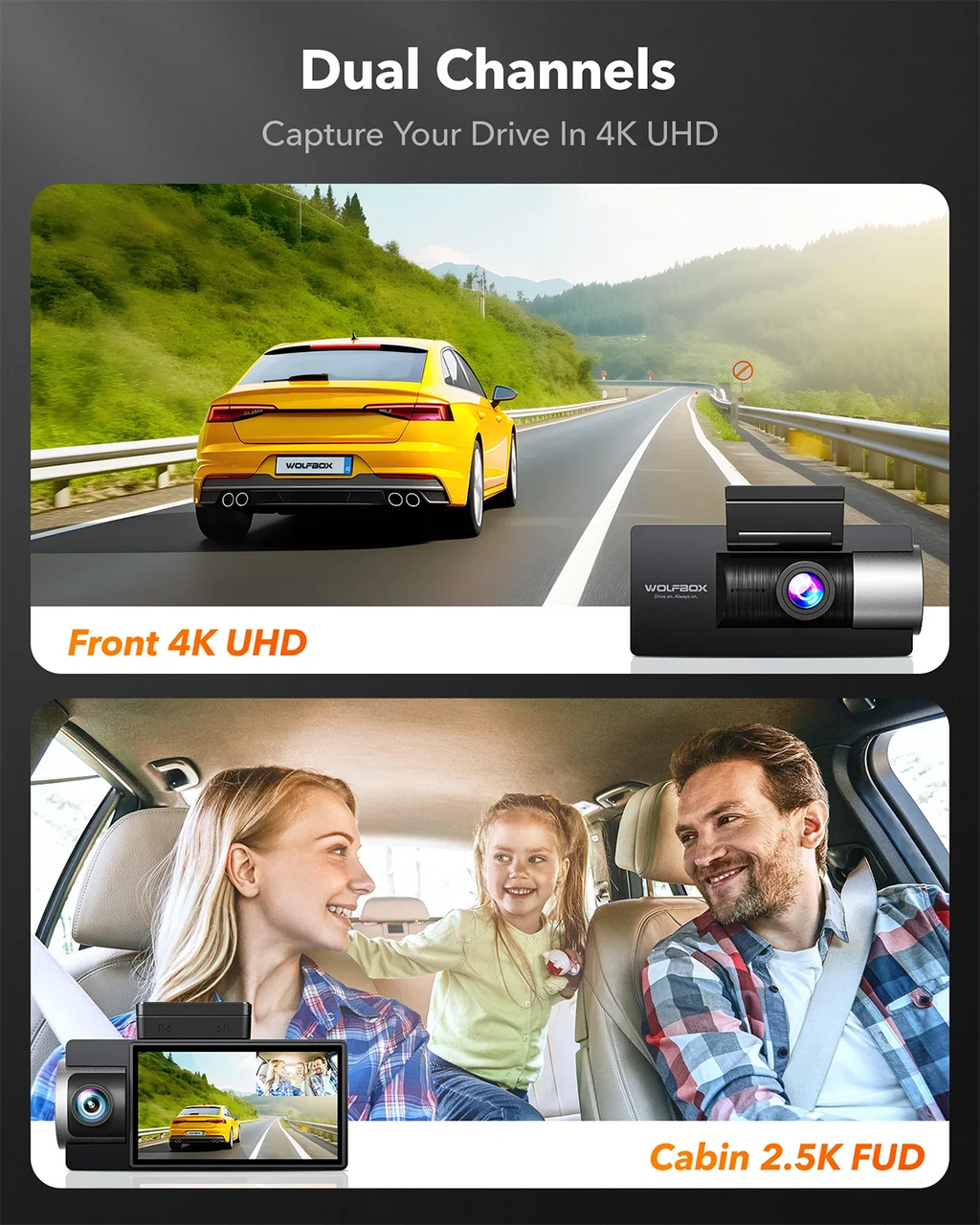 WiFi Night Cam 4K+2.5K Dash 3" UHD Super LCD Car GPS, Built-in Camera Vision, Rear, with and Front 4K Cam Dash IR WOLFBOX 64GB Dual 5G Vehicle Camera Card, Dash with