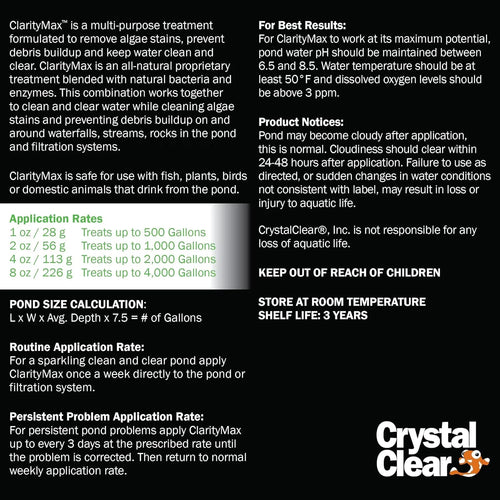 '- 48,000 Pond, treats ClarityMax Stream up Waterfall & - CrystalClear pounds gallons Treatment to 6
