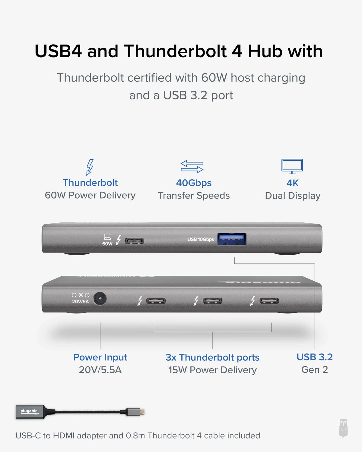 Adapter) with 4 5-in-1 Compatible with USB-C Macs Dual Charging, Thunderbolt 8K Hub Thunderbolt HDMI or Plugable USB4 60W 4 / Display, Thunderbolt (1x USB4 Single to 4K Windows and