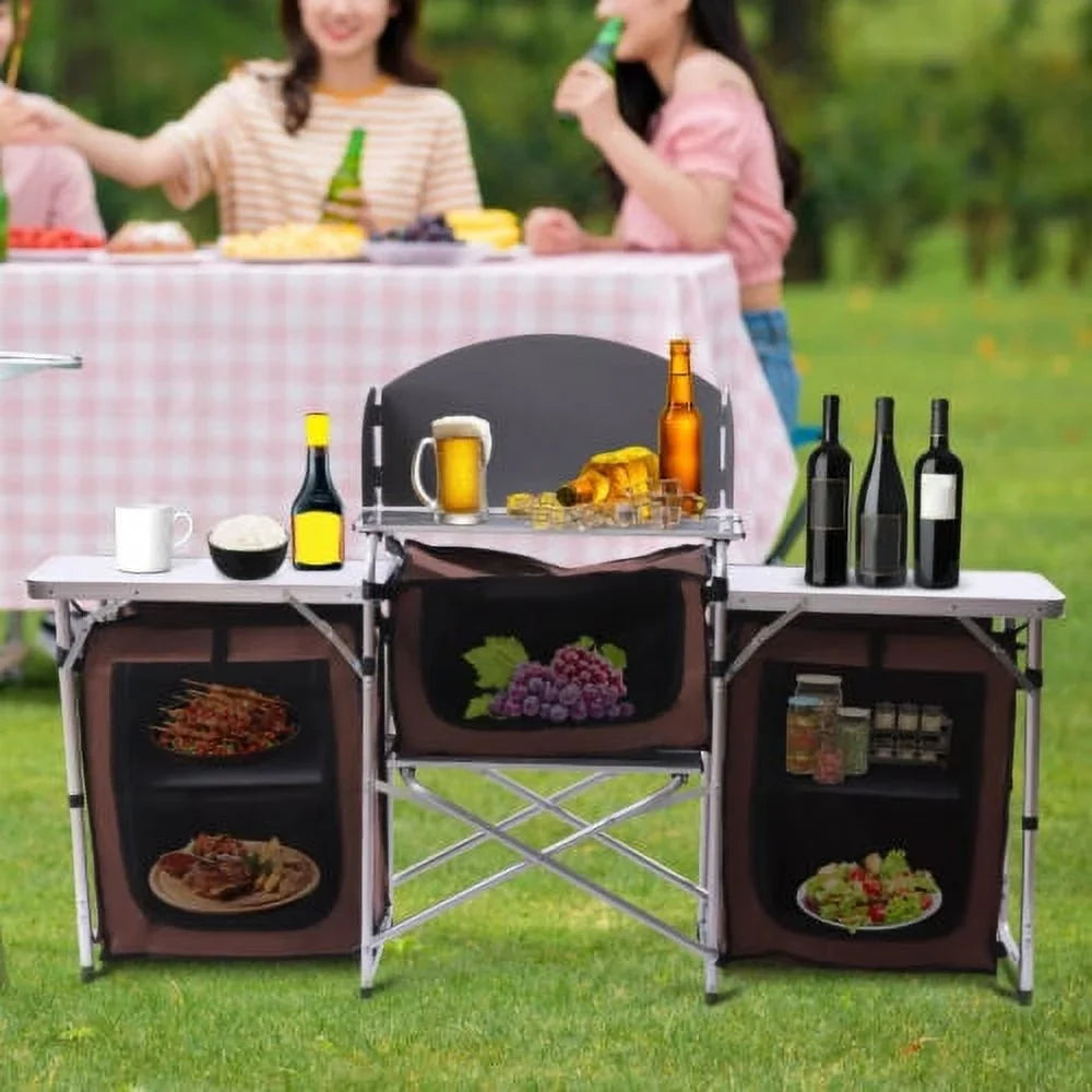 Storage Picnic Table Camping Portable Cabinet Kitchen Table Rack Cooking Folding