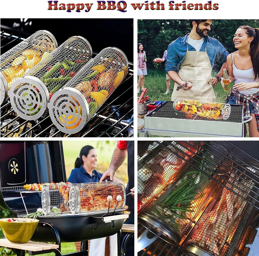 BBQ Camping Grilling Rack ，Portable 2PC Grilling Barbeque Griller Shrimp, Accessories Cooking BBQ Fish, Barbecue Vegetables, Basket Rolling exterior for Basket，Round