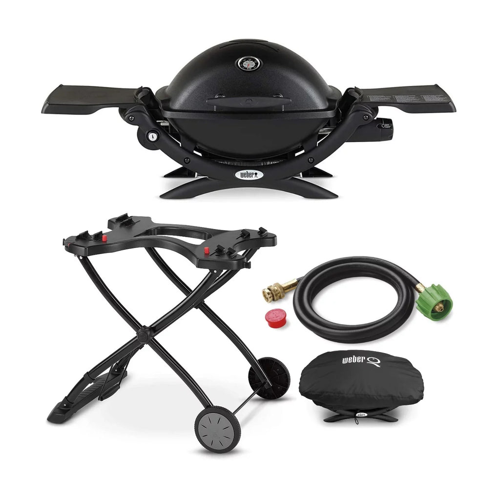 Adapter with (Black) Cart, Grill Liquid Hose Propane Q1200 Portable Bundle Weber