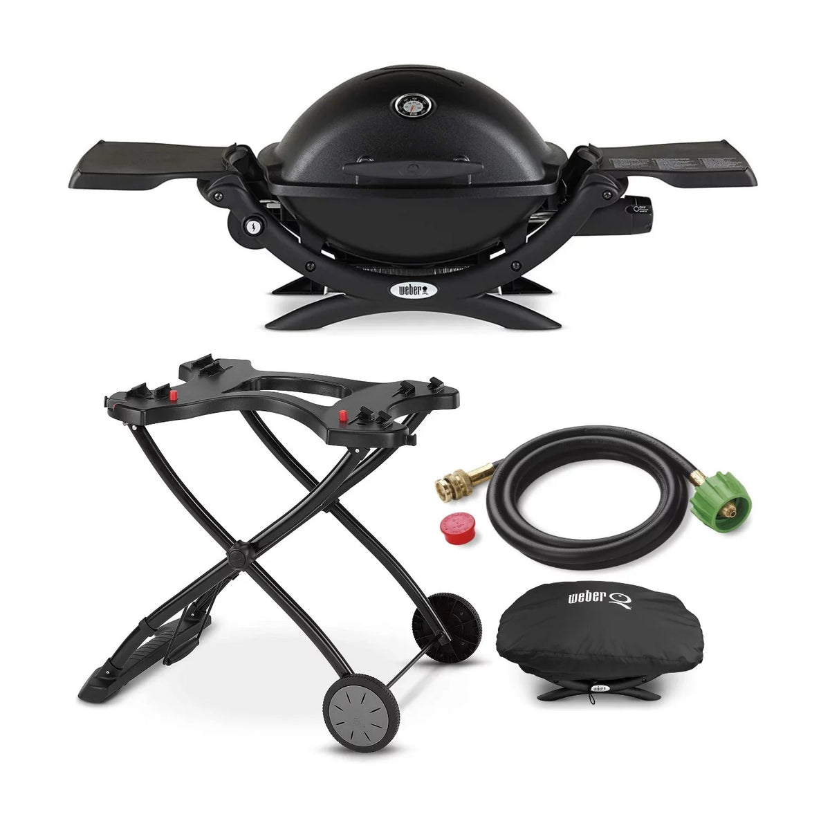 Adapter with (Black) Cart, Grill Liquid Hose Propane Q1200 Portable Bundle Weber
