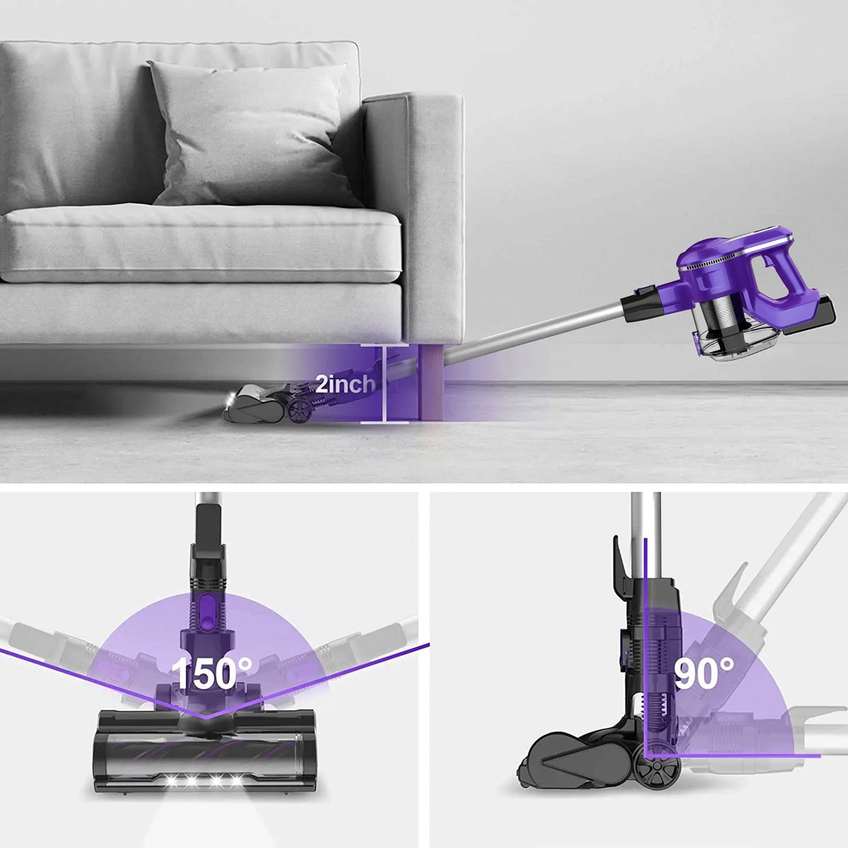 Brushless to Rechargeable Cleaner,10-in-1 - Runtime Battery Mins Hard Handheld,23Kpa Floor Lightweight for Motor Hair Vacuum,Up 45 Stick Carpet Purple Vacuum 2500mAh Cordless Pet 250W