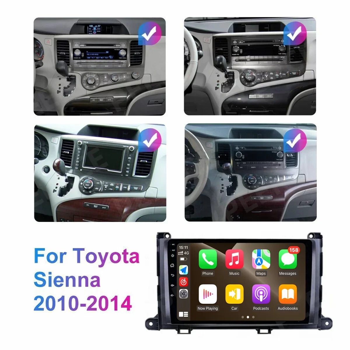 For Bluetooth CarPlay Screen WiFi Android Radio, Radio Stereo with Sienna 2+32G Wireless 9 Support Link Auto Android Mirror Toyota Car Inch Roinvou GPS Car Touch 2011-2014