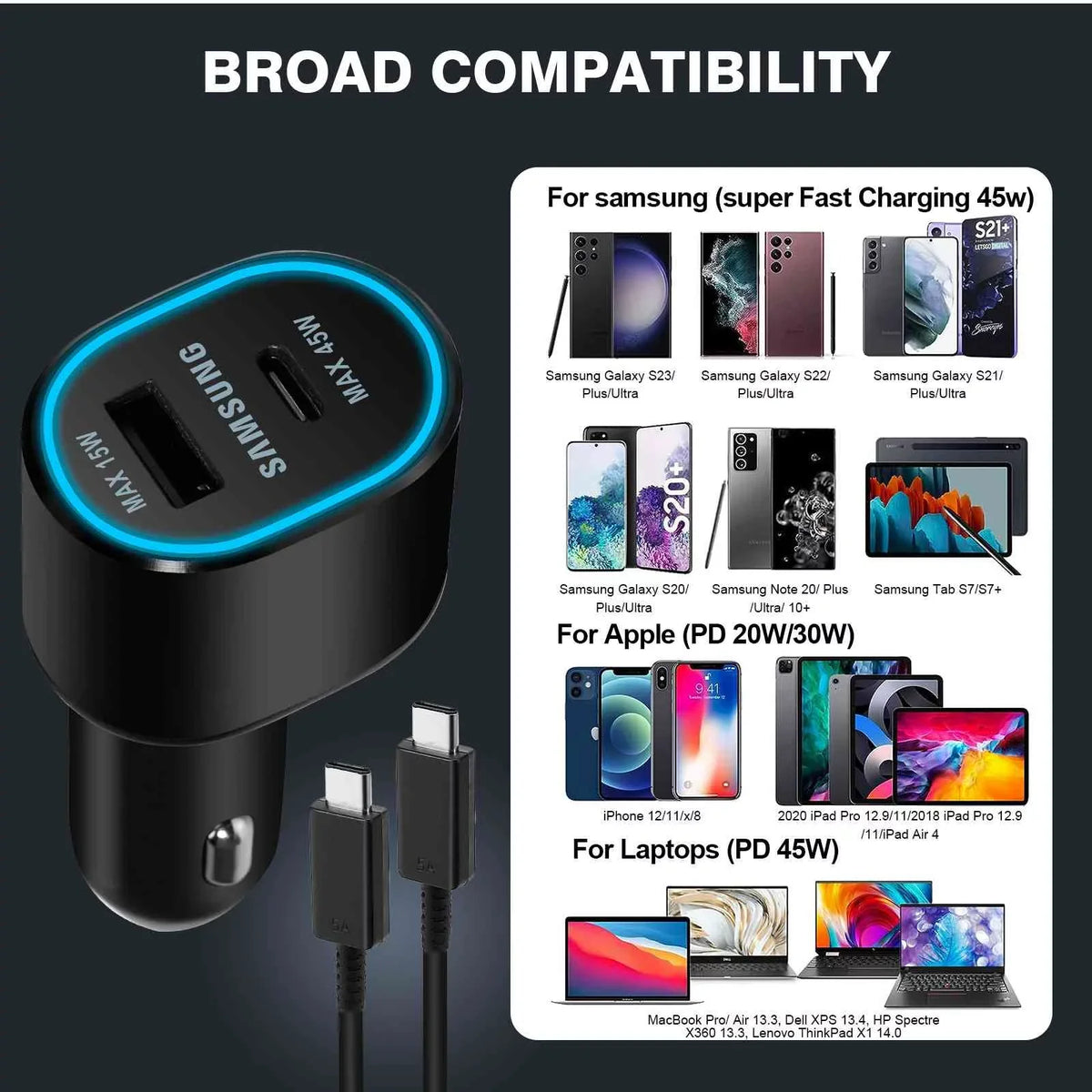 Usb for EP-L5300 Two (45W+15W) Dual Ports Legion Fast Car Black Charger Y700 Super