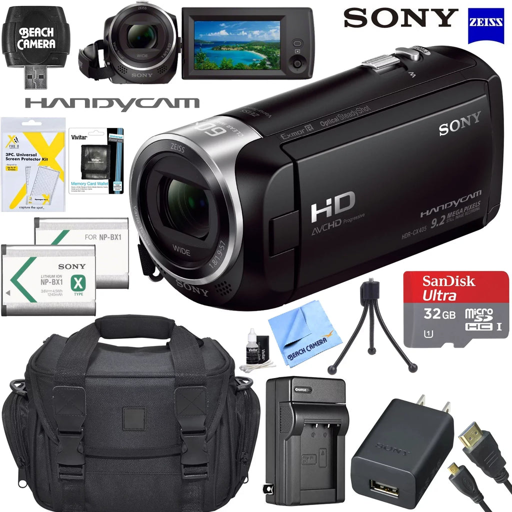 HD Camcorder More Charger HDRCX405 Recording Video with HDMI Tripod Battery SD Card Mini Handycam 32GB Memory Bundle Cable Spare and Case Micro Travel
