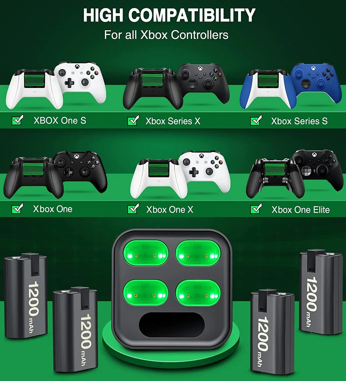 Xbox for with 4x1200mAh Xbox Battery Pack Battery Charger Rechargeable Series One Xbox for EUROA Controller Pack X|S/Xbox S/X/Elite-Black