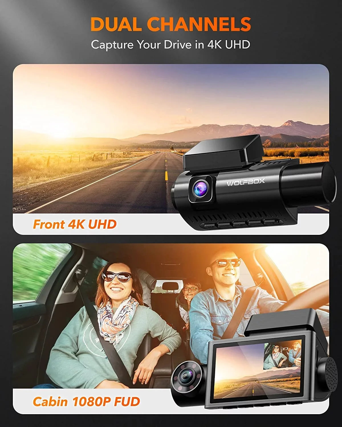 4K G-Sensor, WOLFBOX 3 Parking Vision, with Dash Loop WiFi&GPS, Channel, 3" Rear Monitor 24H Front and Recording, DashCam LCD IR Night Cam Super