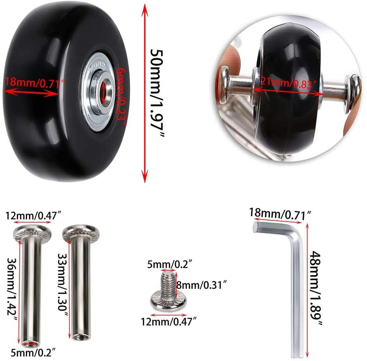 4 of Bearings Repair Kits x OwnMy 50 Wheels, Replacement Caster Wheels 18mm Rubber Suitcase Black Luggage Swivel Set