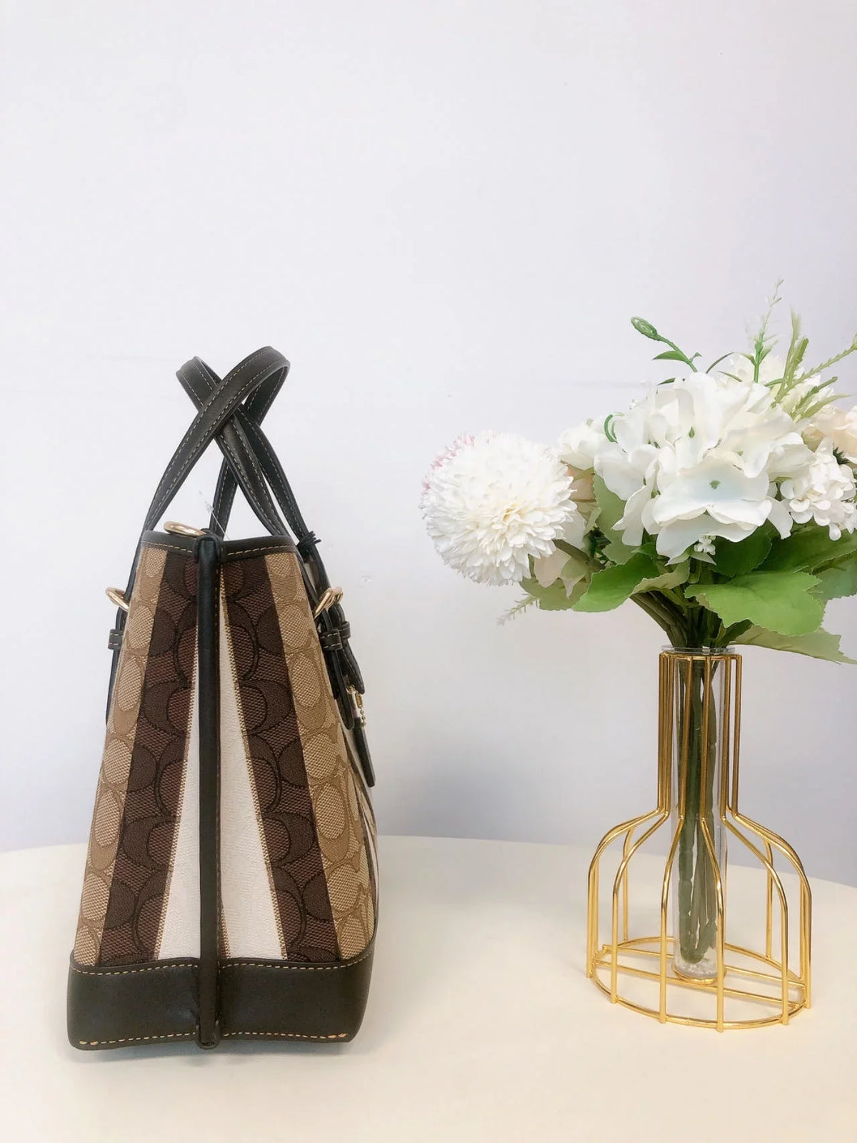 Stripes Tote Jacquard 25 IN In Multi Black With Signature Mollie Khaki Coach C8416
