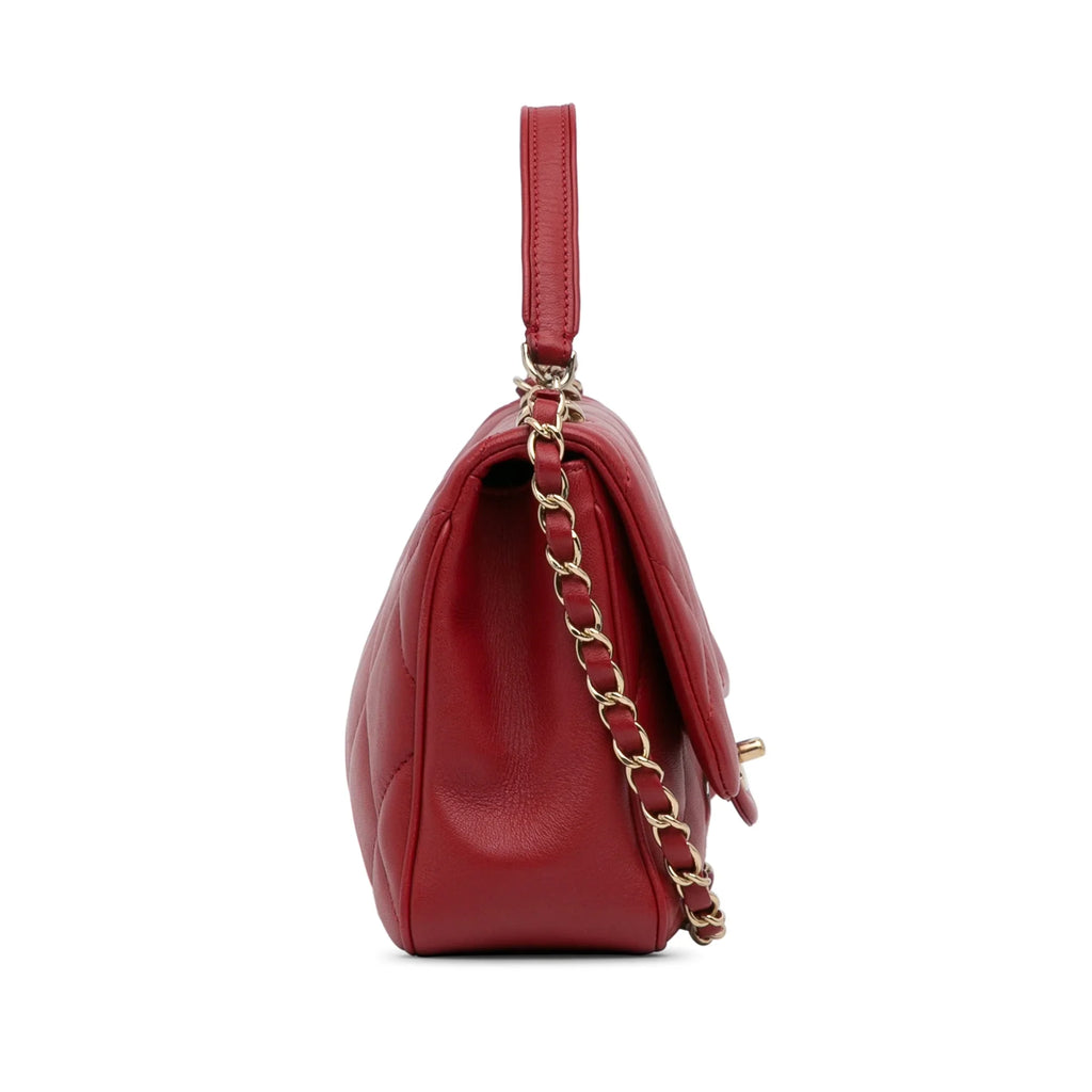 Lambskin Leather Authenticated (Good) Carry Unisex Red Small Easy Satchel Bag Pre-Owned Flap