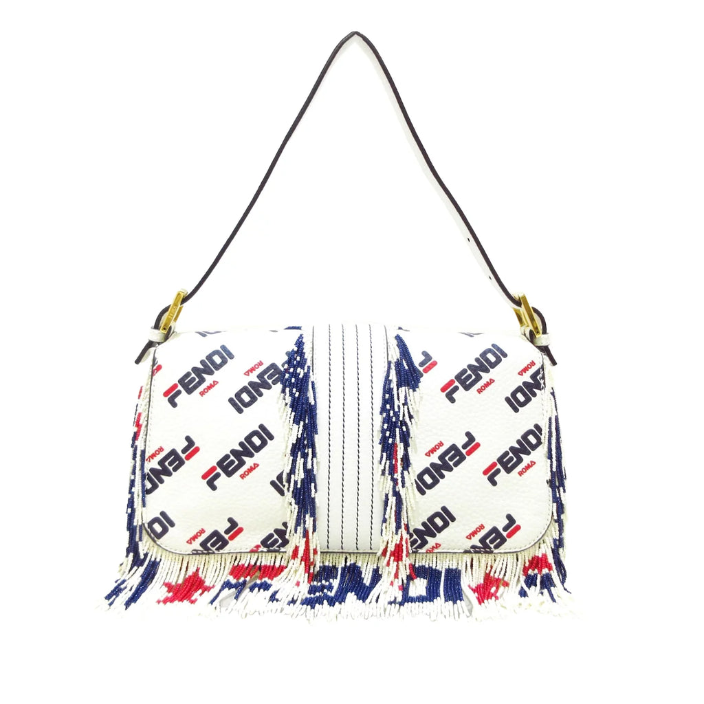 Shoulder Baguette Unisex White Authenticated Fila Calf Bag (Good) Leather Mania Fendi Pre-Owned Beaded