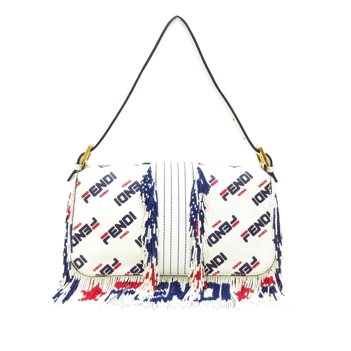 Shoulder Baguette Unisex White Authenticated Fila Calf Bag (Good) Leather Mania Fendi Pre-Owned Beaded