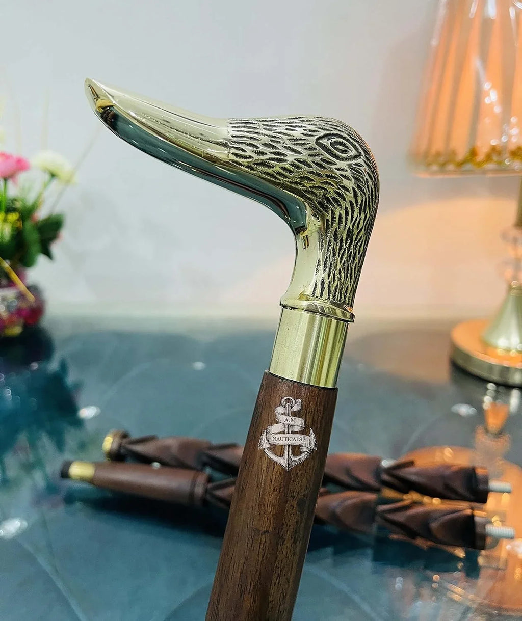 Brass Face Walking Duck Handle Head Solid Stick Wooden Walking Brass Stick