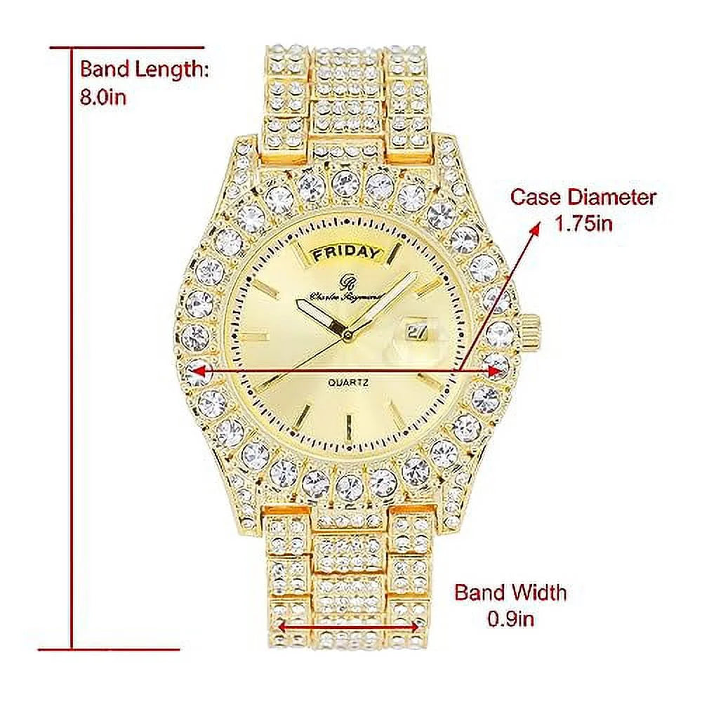 Hip ST10535 (ST10535-LN Blinged Raymond Out Gold) Hop Date Watch Read Diamond Designer &Day Mens - Rocks Timepiece and w/Easy Iced Dials- Out Colorful Fully Charles Big