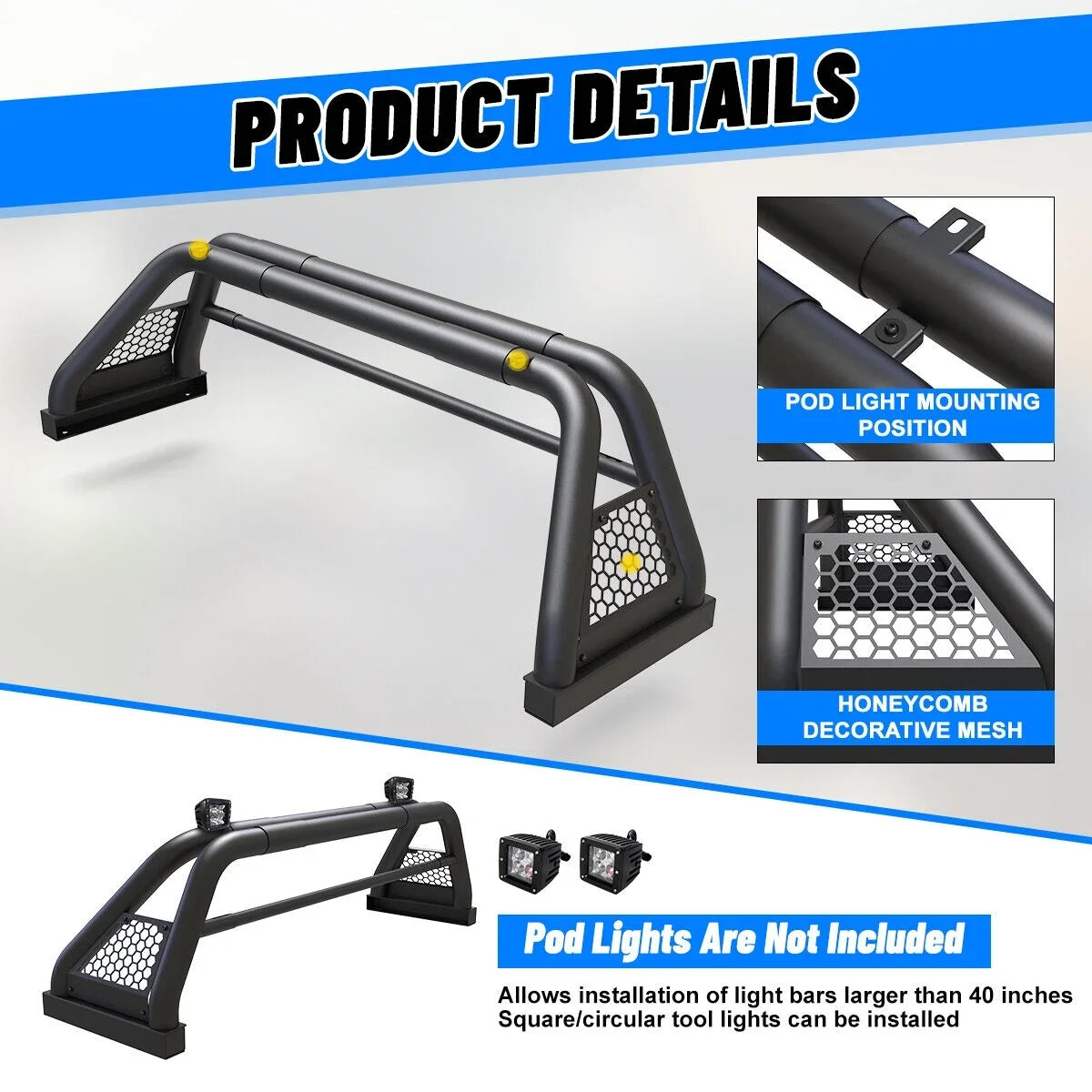 62.9-74.7" Ranger Bar 2019-2023 Rack Chase For Adjustable Sport Bed Truck Fit Roll Bar