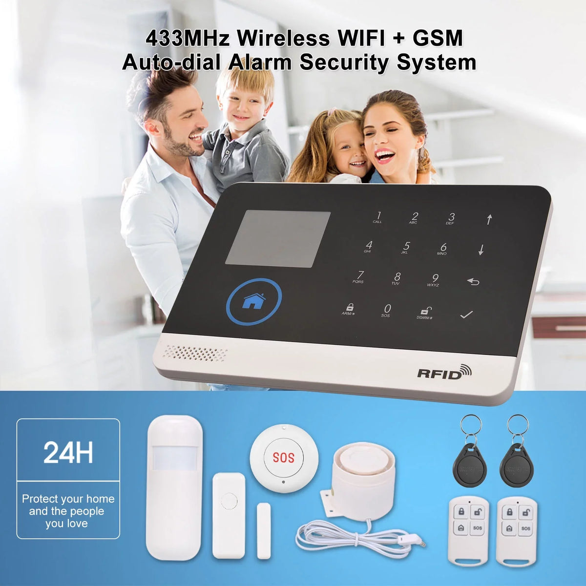 Auto-dial WIFI Motion Control Home Door System APP with Sensor Control Wireless Voice Smart 433MHz Remote Phone PIR Burglar GSM Display LCD Alarm + System Compatible Alarm Home Sensor