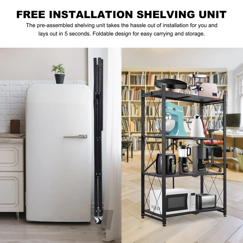 Rolling Shelving Unit Office Shelf Metal 4-Tier Room Black Books Decor Organizer, Foldable - with Kitchen Cart Closet Wheels Shelves, Pantry Storage - Storage for Collapsible Display, &