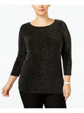 3/4 MICHAEL Plus Neck 2X Black KORS Sleeve Metallic Sweater Boat Womens