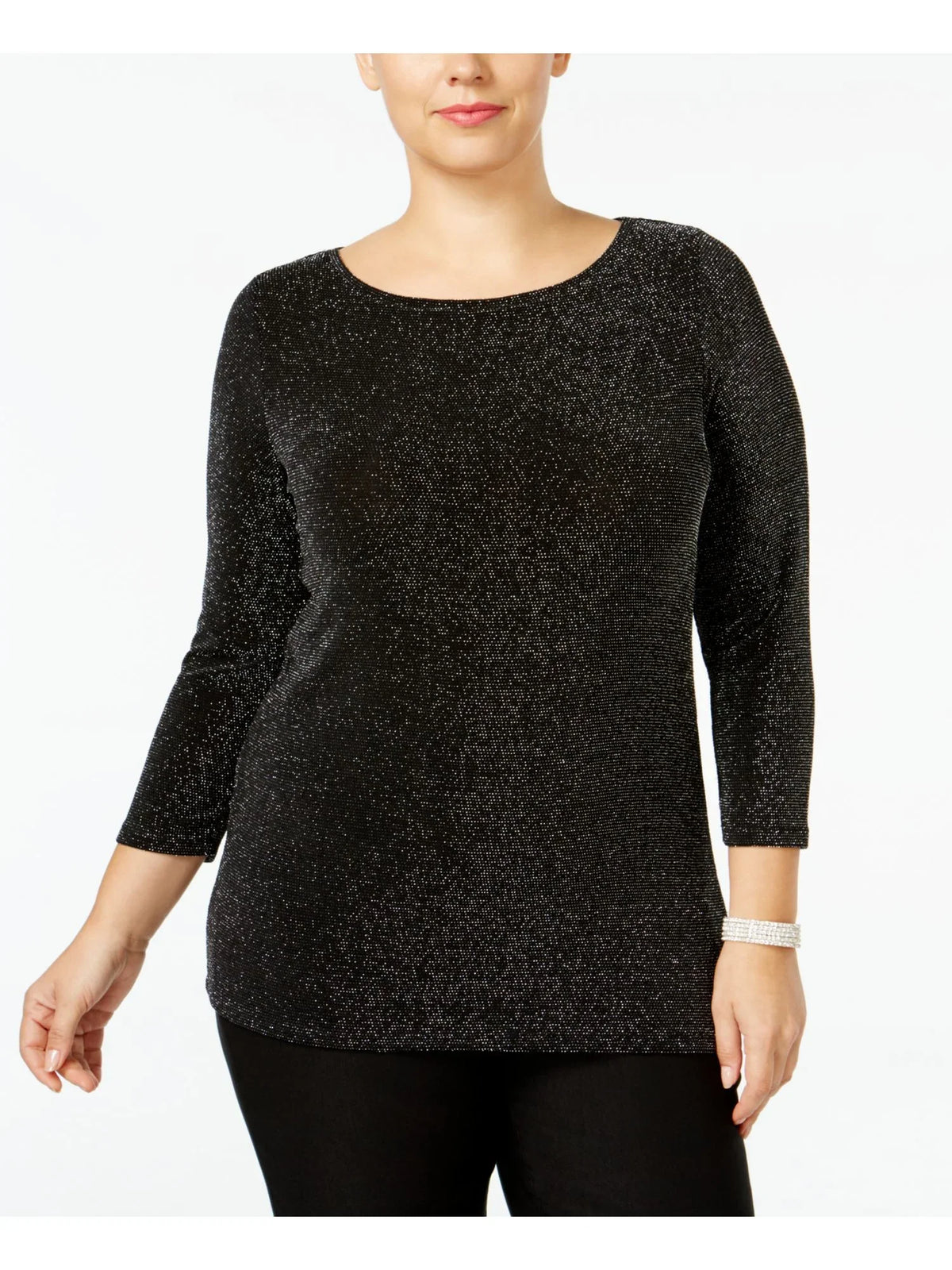 3/4 MICHAEL Plus Neck 2X Black KORS Sleeve Metallic Sweater Boat Womens