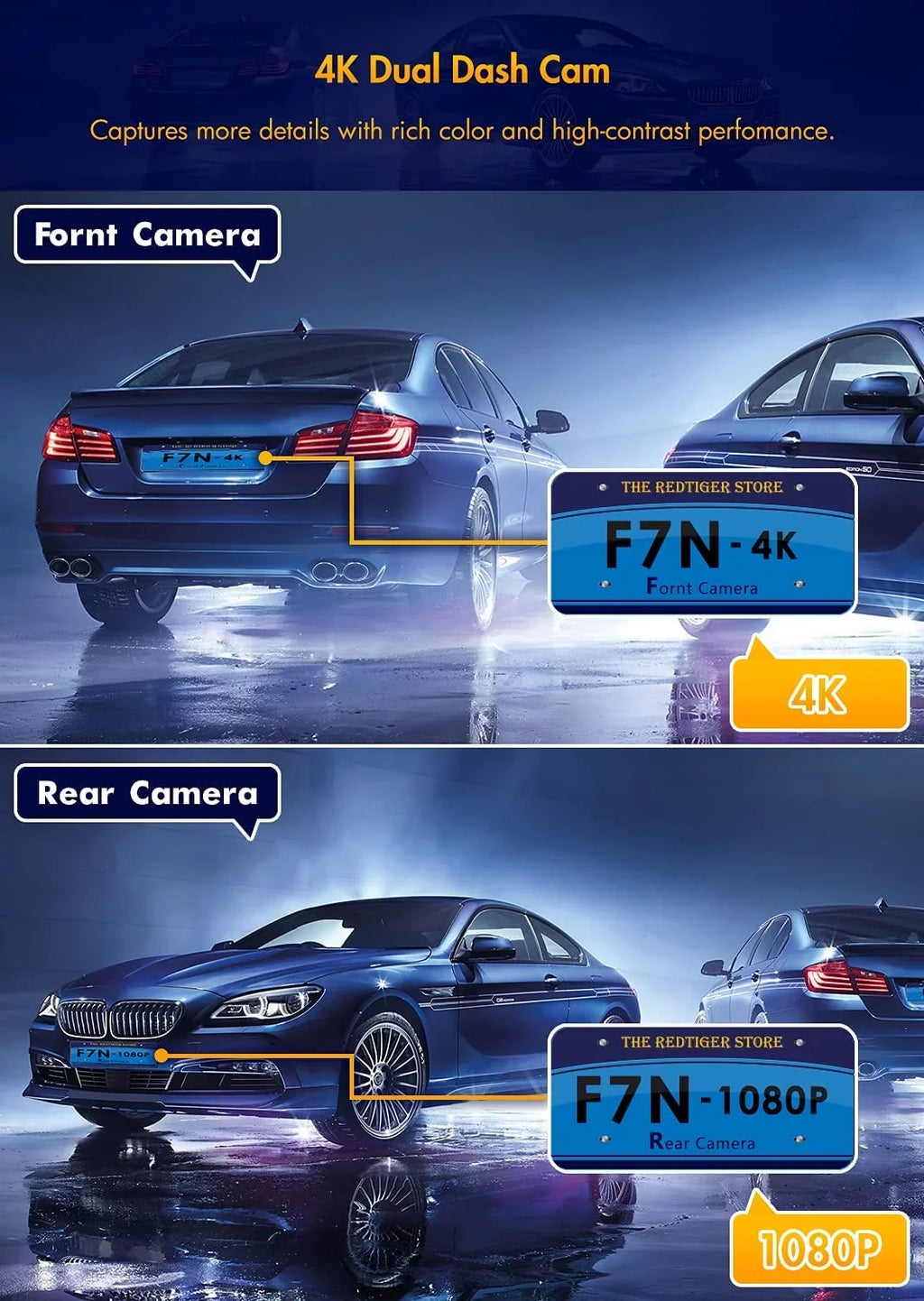 with Dash Car Parking Rear Camera 3" Front 4K+1080P 256GB and Cars, for Support Dual Cam Cam Monitor, Dash Dash