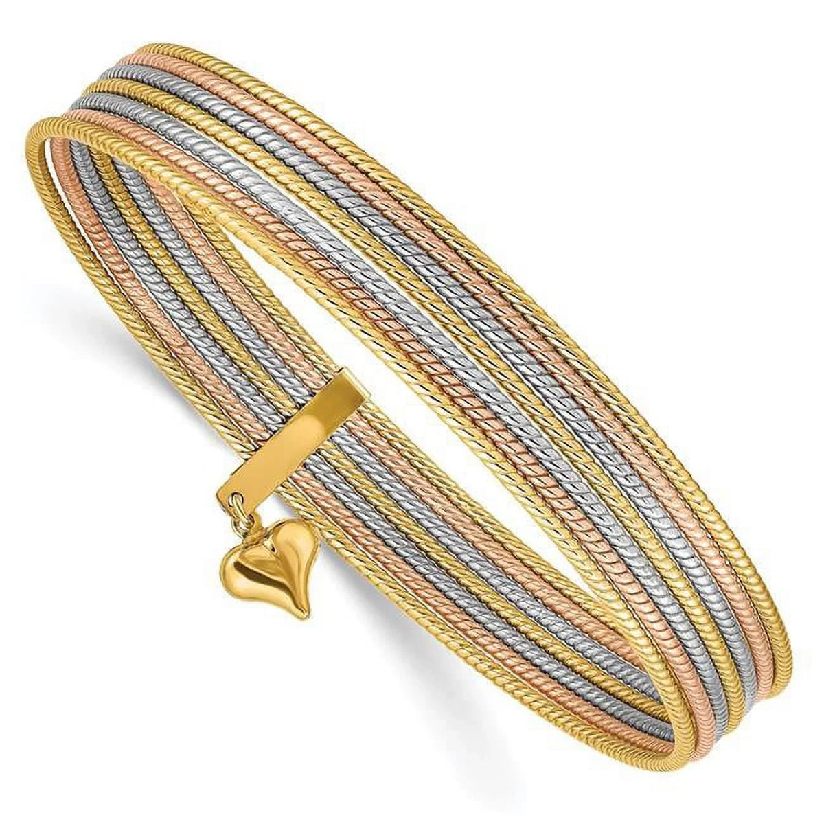 Bangle Set Oversized with Bracelet Heart 7 14K Slip-On Textured Dangle - of Tri-Color