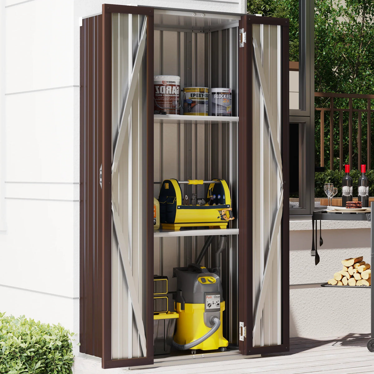 Organizer and in Storage for Metal Garden YODOLLA Shelves Cabinet with 70" exterior/ Indoor Shed Garage& Doors Brown Storage