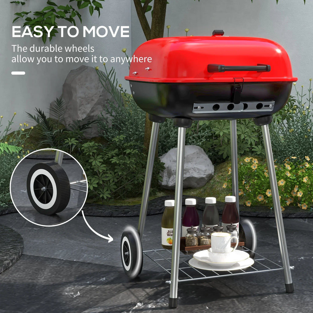 Outsunny Shelf Bottom Wheels Grill Red Portable Picnic, Charcoal for with