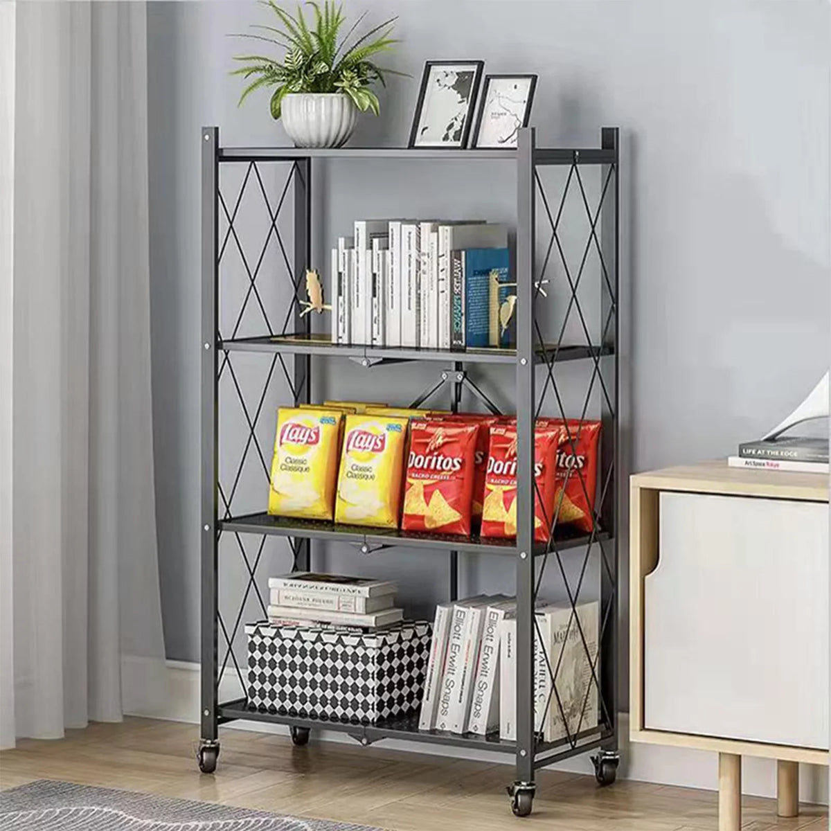Shelf Metal Foldable 3 Black with Heavy Shelf, Hooks, Duty Storage SUGIFT Kitchen 4-Tier Shelf,