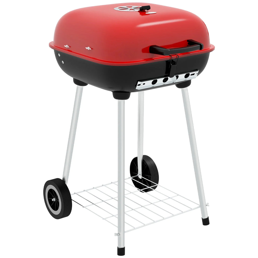 Outsunny Shelf Bottom Wheels Grill Red Portable Picnic, Charcoal for with