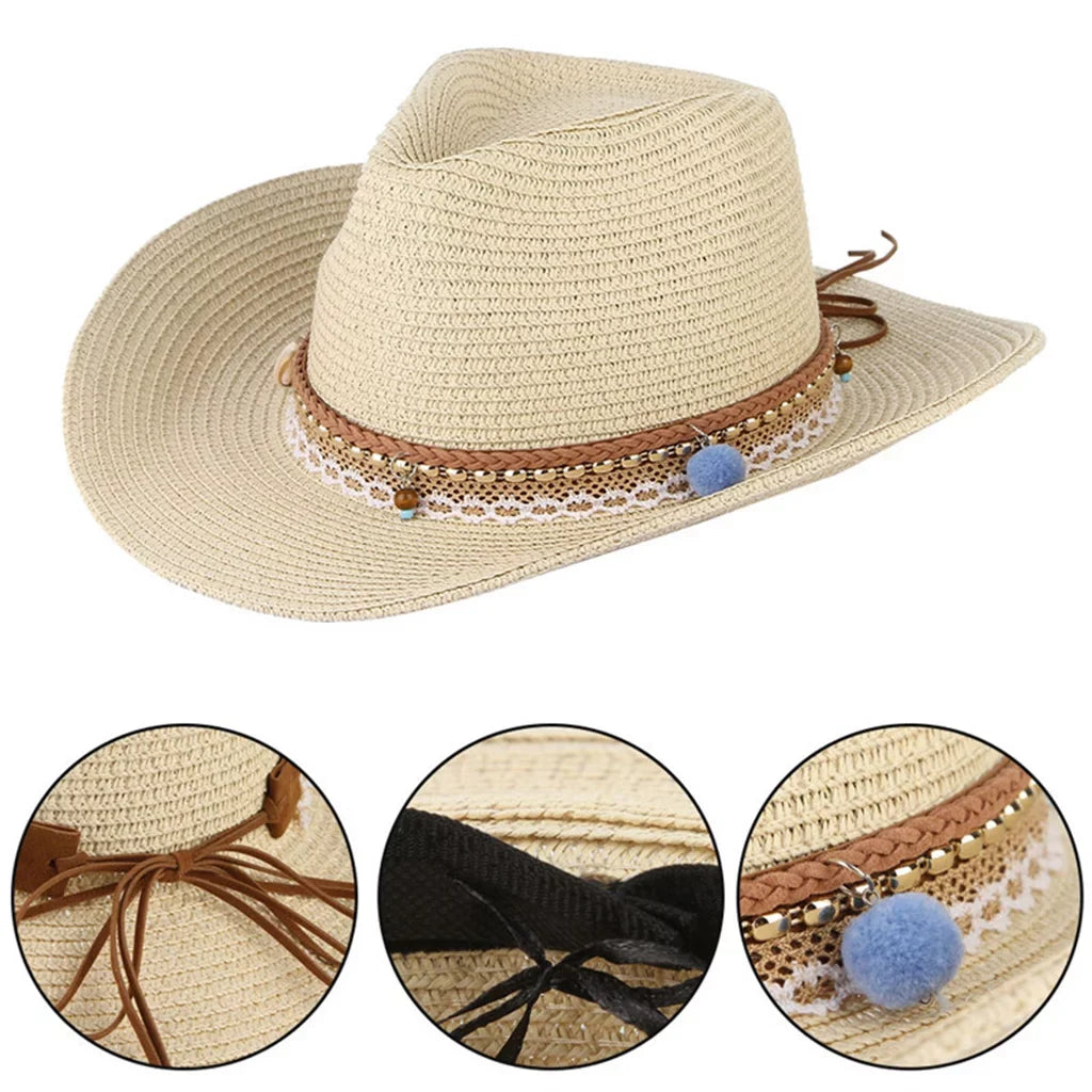 Cowboy Trilby Straw design Sun Western Floppy Beige Brim Big Packable Hat Women