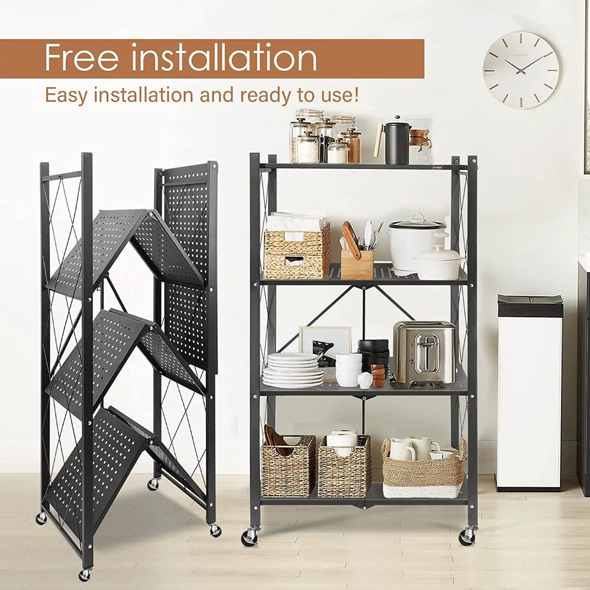 Shelf Metal Foldable 3 Black with Heavy Shelf, Hooks, Duty Storage SUGIFT Kitchen 4-Tier Shelf,