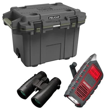 Cooler, Gun Green, and Metal/OD Emergency Trophy 10x42 Elite XLT Radio 50QT Binoculars Bundle with