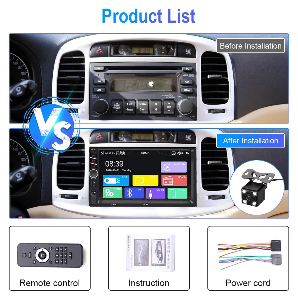 Radio 2 Stereo Bluetooth inch Camera D-play Touch 7 Podofo Car Car 4 MP5 with with Player Din USB Car Screen View Rear LED