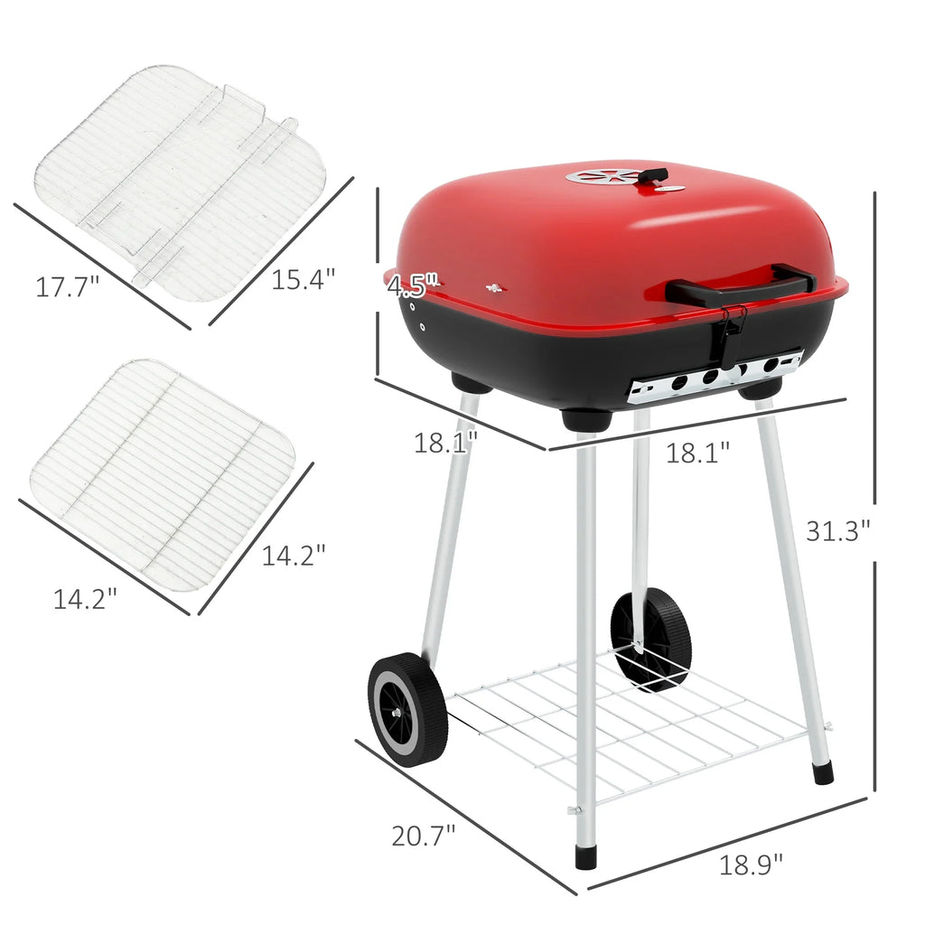 Outsunny Shelf Bottom Wheels Grill Red Portable Picnic, Charcoal for with