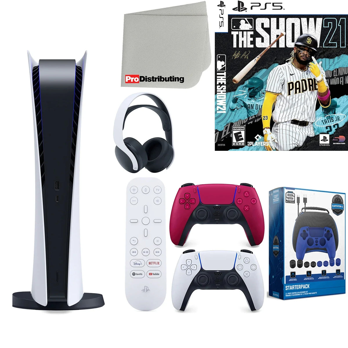 5 Extra Red and 21, Remote, MLB Cleaning Digital) PS5 Controller, Playstation Kit with Digital ( Headset, Version Media Accessory Microfiber Cloth Cosmic The Show Starter Bundle