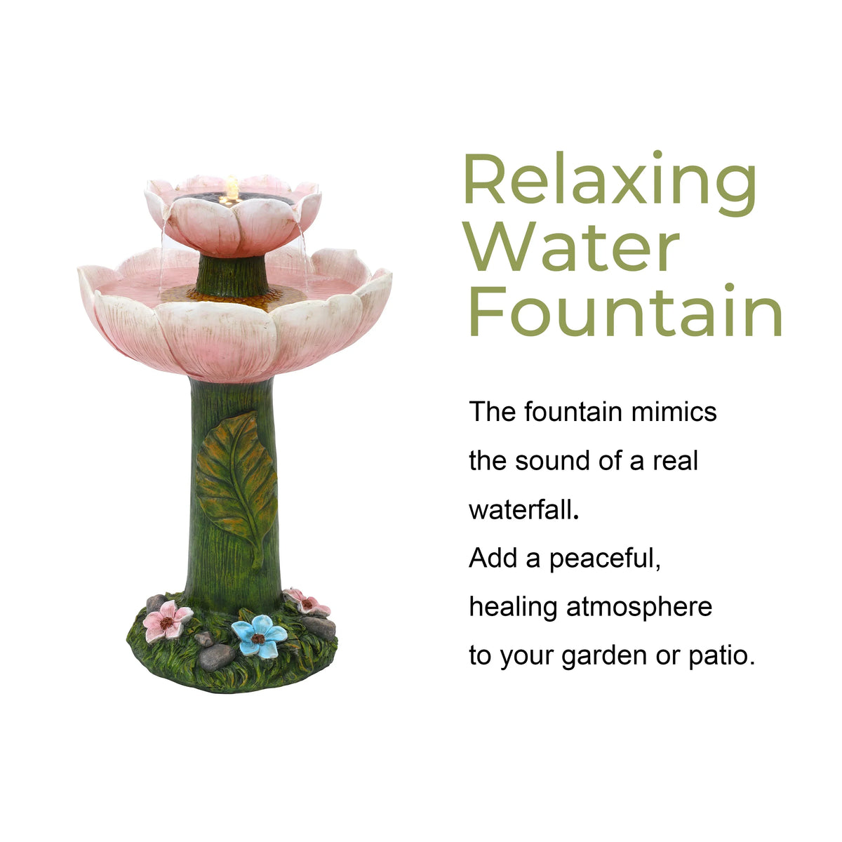 Powered 2-Tier Lights Birdbath Resin Pink LuxenHome Solar Flower Fountain with