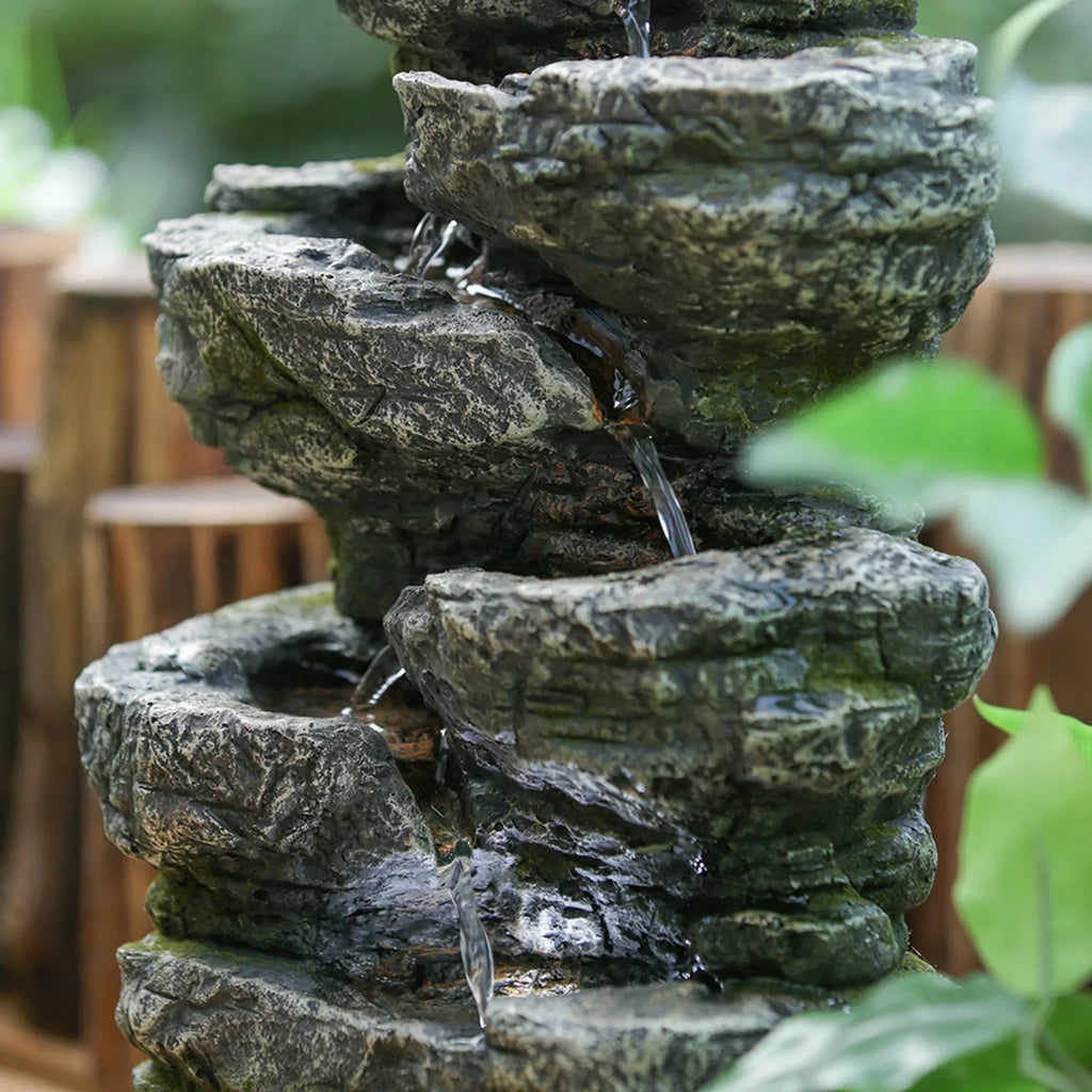 Polyresin 9x5x14" Tabletop Cascading Light Rock Fountain Indoor liquid LED with 7-tier Stone-Look Fountain, Gray