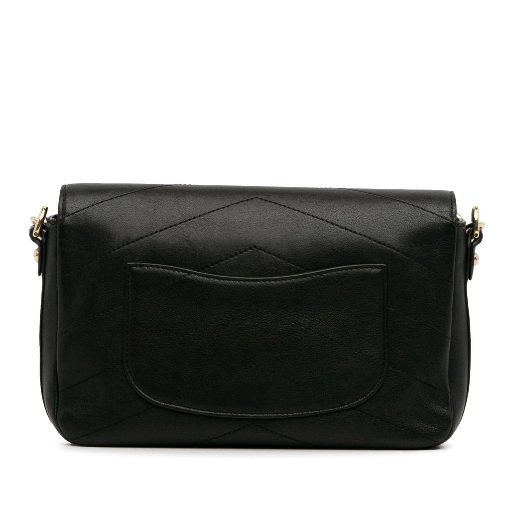 Calf Elaphe Double (Good) Unisex Leather Satchel Pre-Owned skin Chevron Authenticated Flap Black