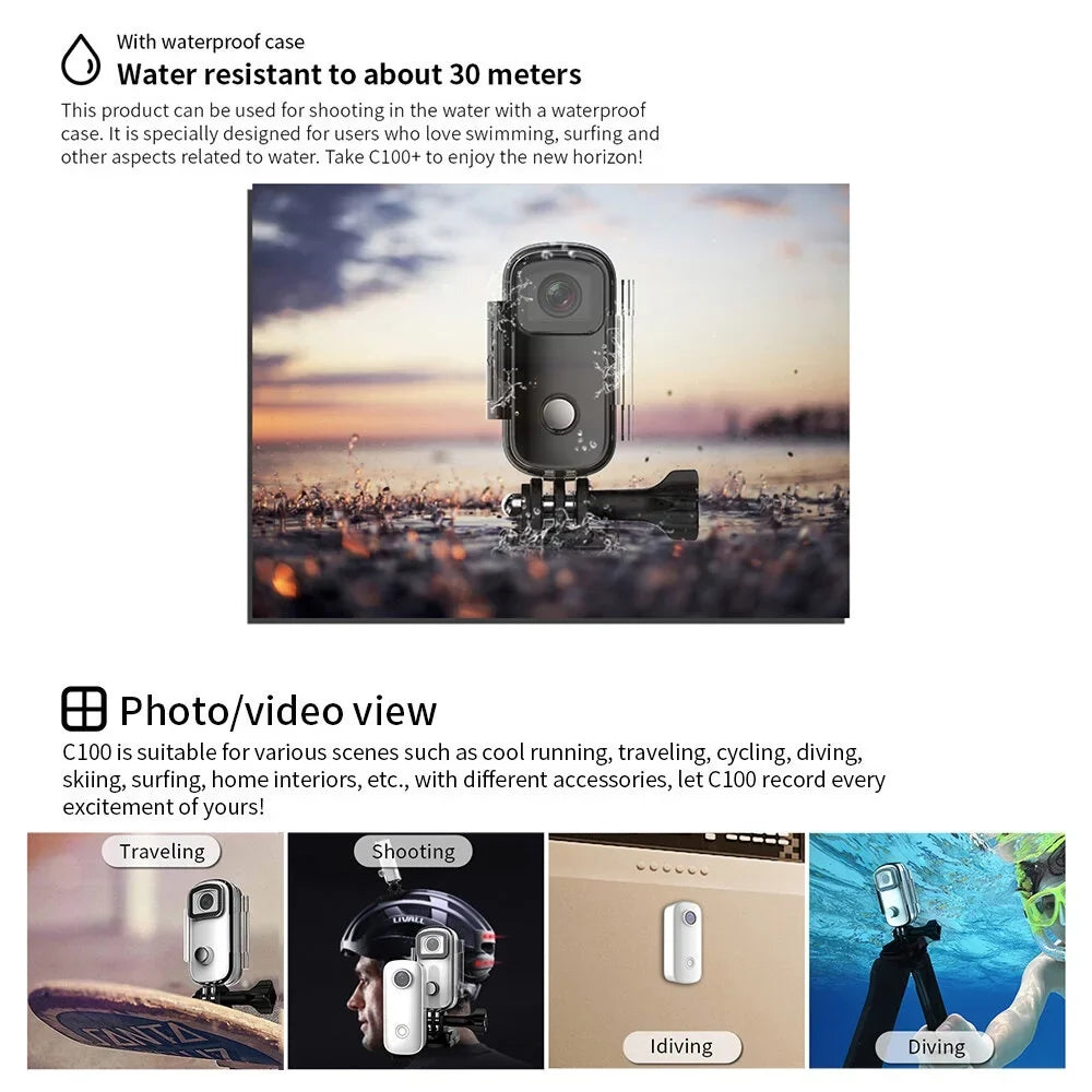 Lanyard SJCAM Case Back with APP C100 Digital Mini Sharing Camera Body Video WiFi 1080P/30fps Magnetic 30M Camera Battery Clip Action Connection Waterproof Waterproof Built-in
