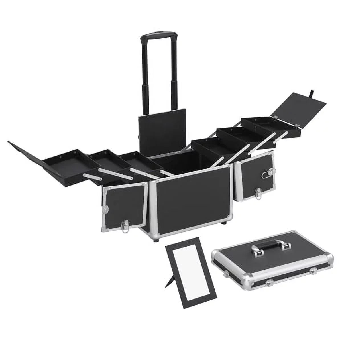 Alden Wheels, Design Mirror, Trays, & Makeup Black Case with Trolley Retractable Rolling