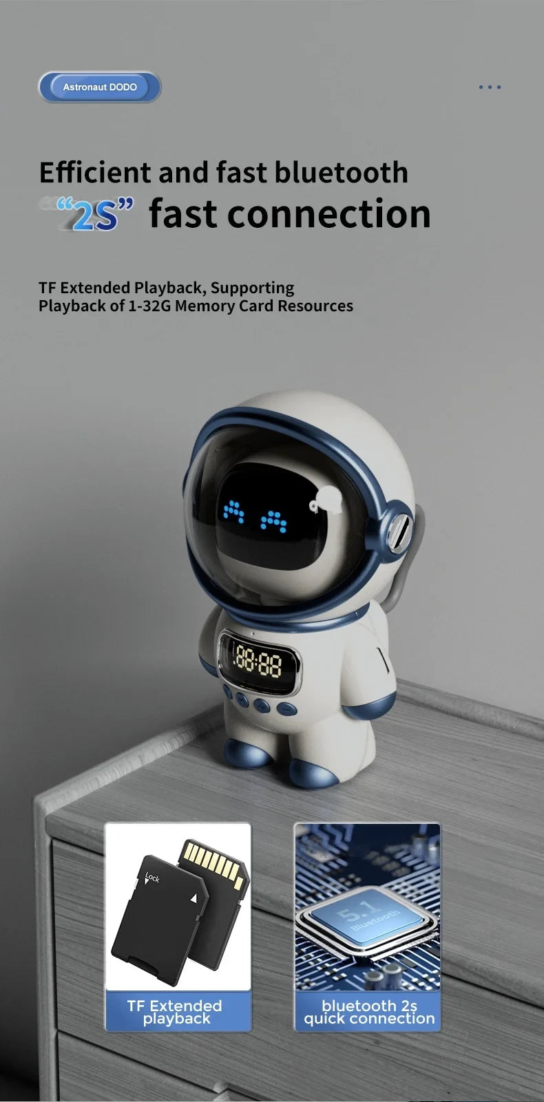 Light Bluetooth and Astronaut-Shaped TF Smart FM Sleep Night Clock, Support Alarm, Radio, Card with Speaker