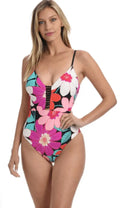 6 Blanca Bloom, Women's Knot Piece Multi//in Full One La Plunge Front Swimsuit,