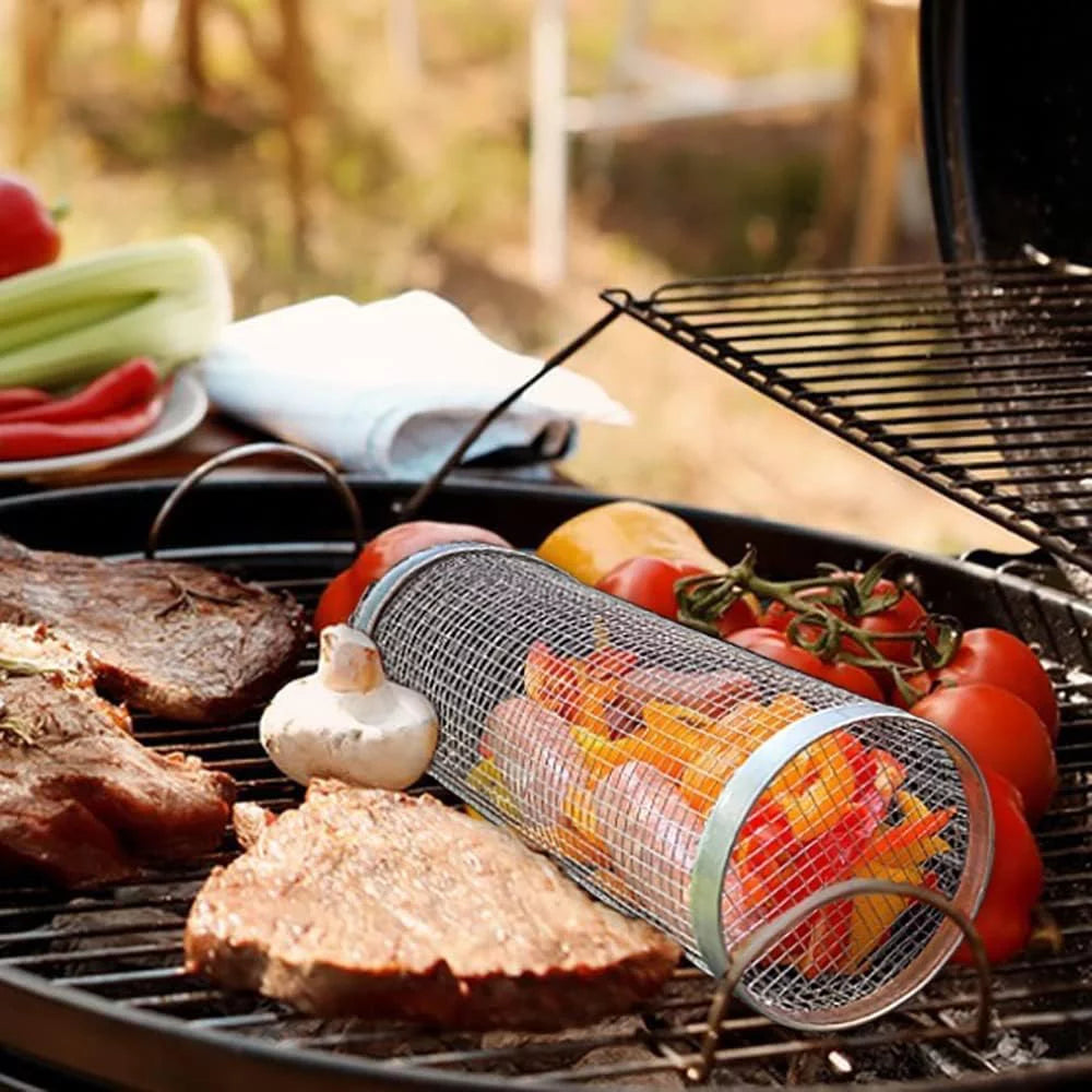 BBQ Camping Grilling Rack ，Portable 2PC Grilling Barbeque Griller Shrimp, Accessories Cooking BBQ Fish, Barbecue Vegetables, Basket Rolling exterior for Basket，Round