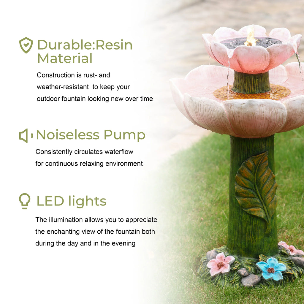 Powered 2-Tier Lights Birdbath Resin Pink LuxenHome Solar Flower Fountain with