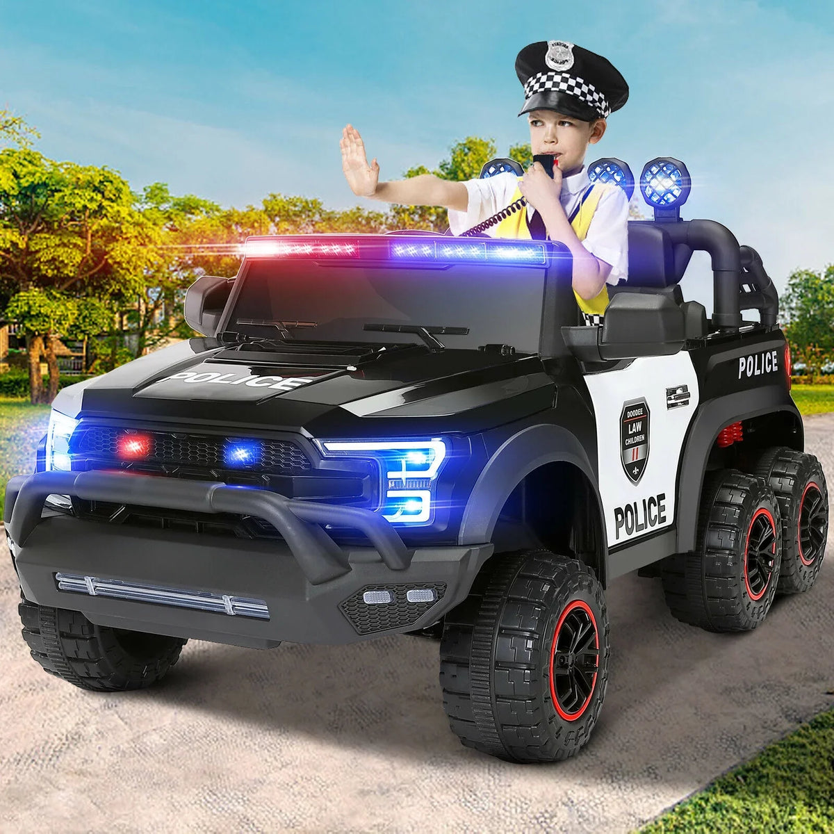 with 6 Toy 12V Ride on Control Kids Police (Black) Remote JOYLDIAS Car Wheels